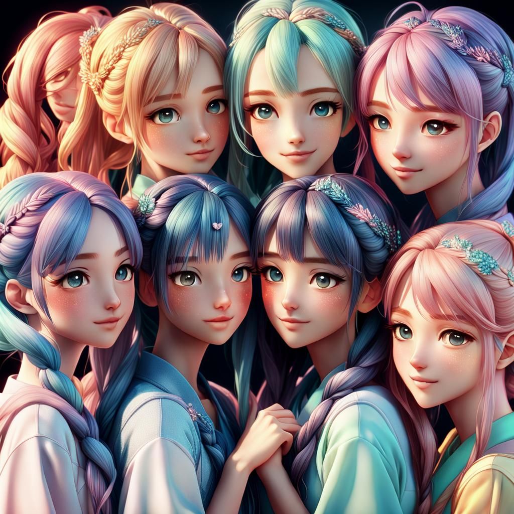 Anime Girls Group Portrait in Hyper-Realistic 3D