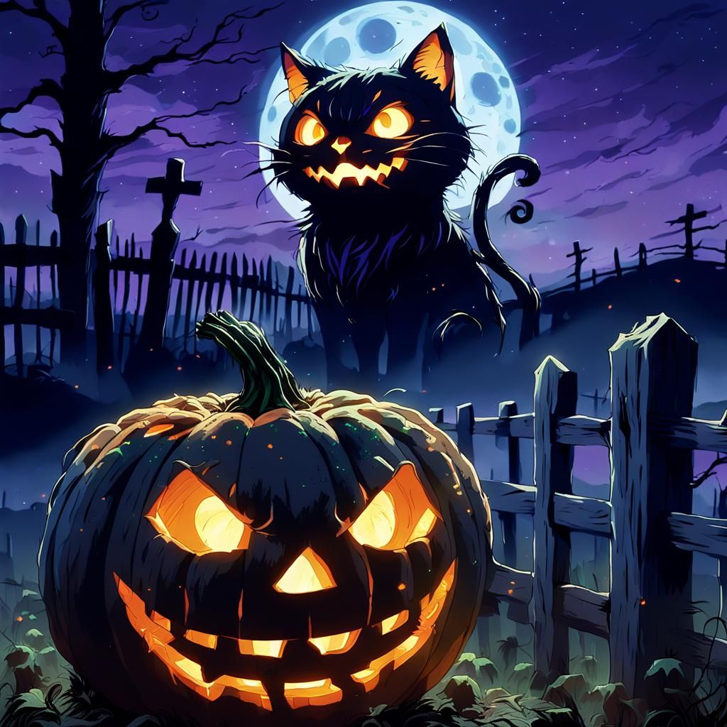 Glowing Jack-o-Lantern and Ghost Cat in Anime Style