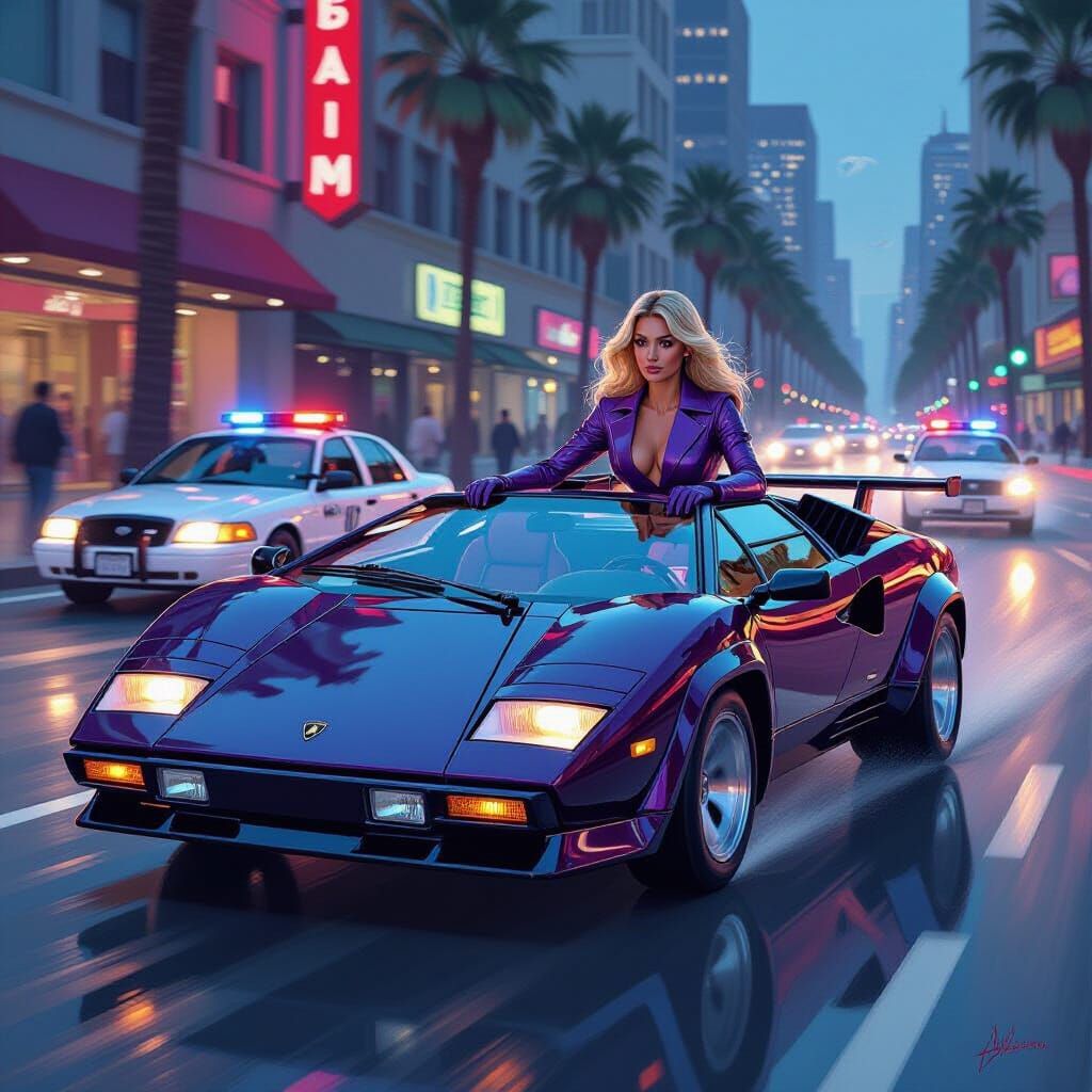 Lamborghini Chase Scene in Oil Painting Style