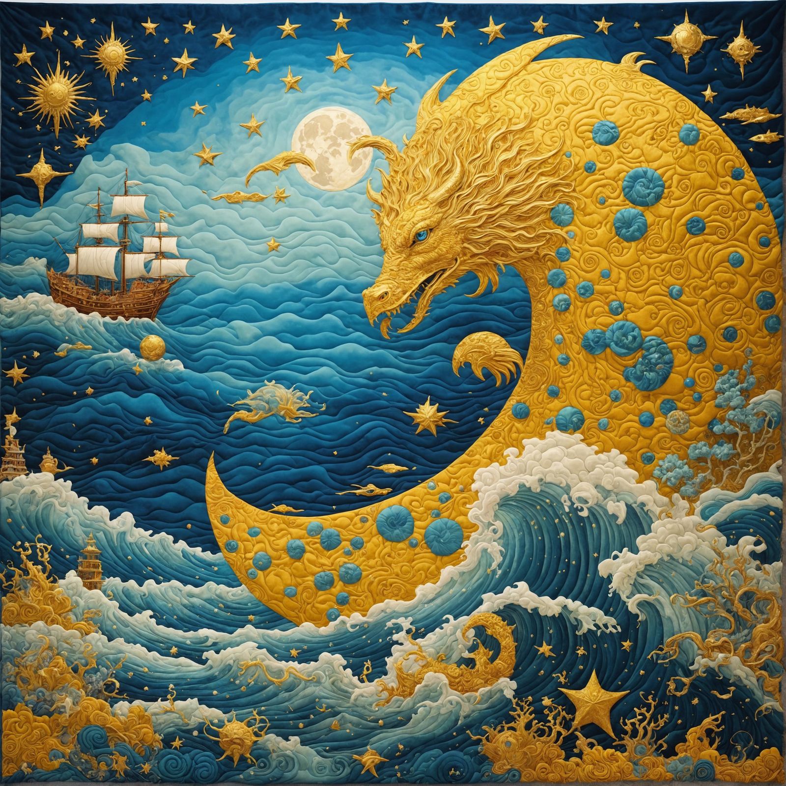 Celestial Quilted Seascape in Gold Filigree Style