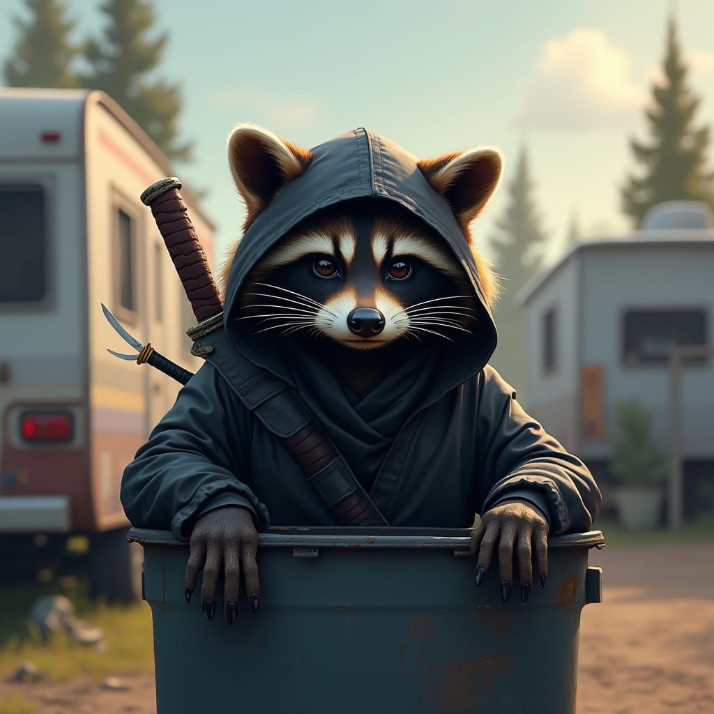 Ninja Raccoon Hiding in RV Park, Digital Art