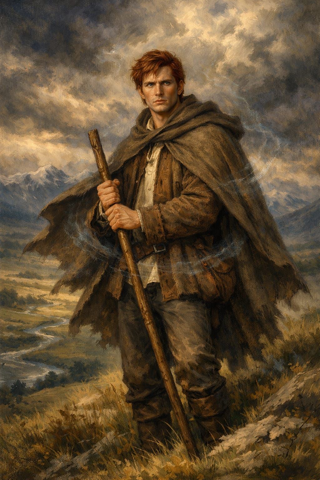 Epic Fantasy Hero Rand al'Thor on Windswept Hillside