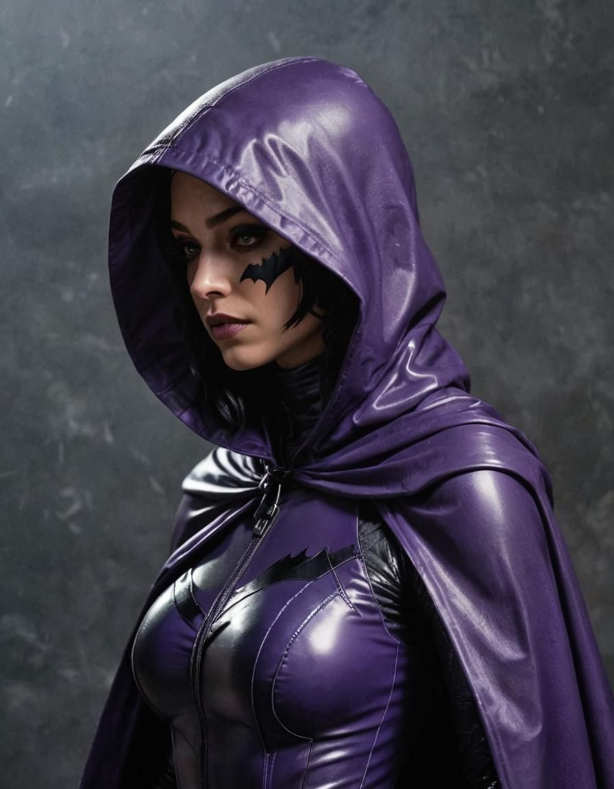 A side view of DC Comics' Raven, wearing a purple latex suit...