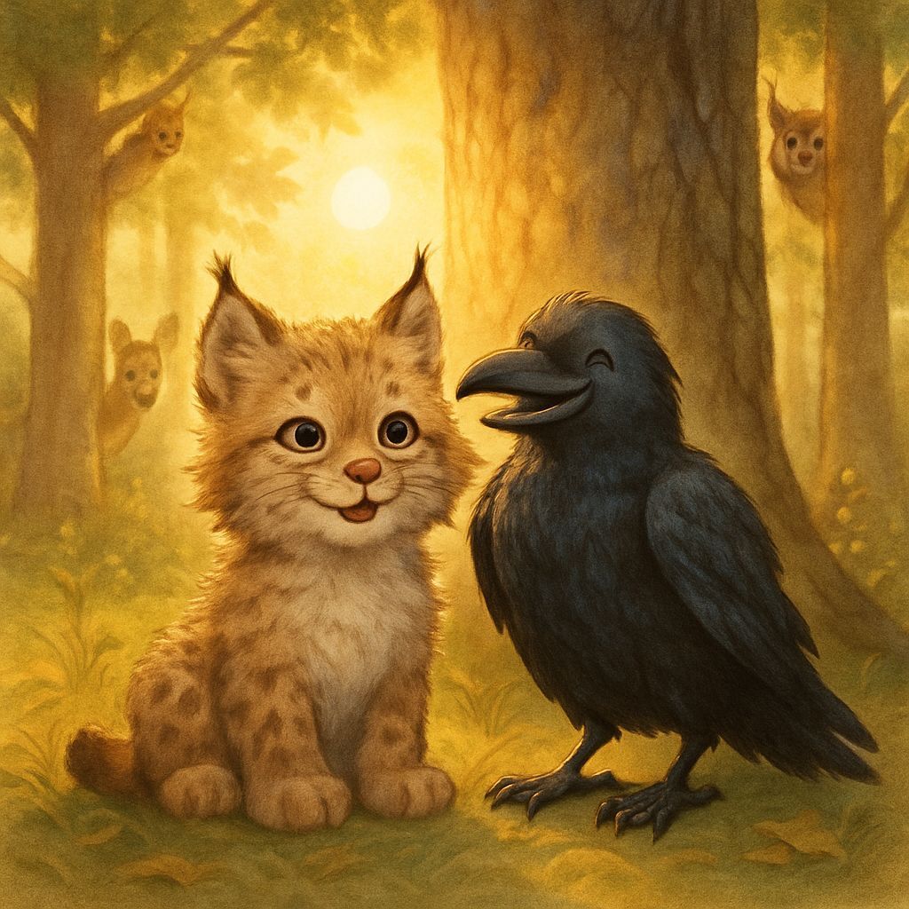 Lynx Cub and Raven in Sunny Forest