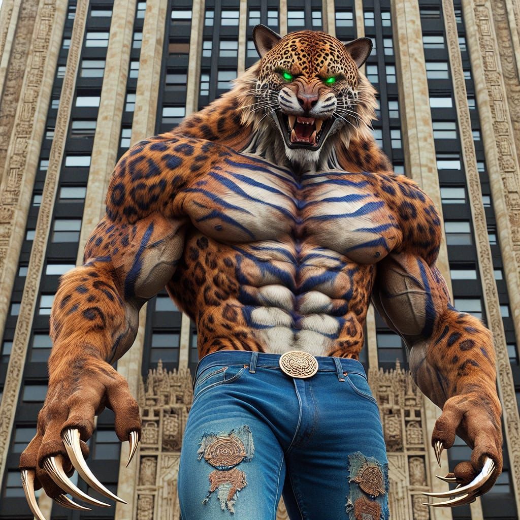 Muscular Werejaguar Strolls Past Towering Building