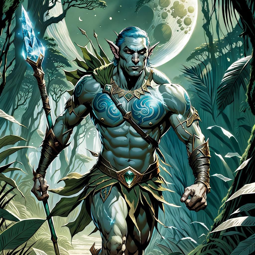 Blue Elf Warrior Runs Through Alien Jungle