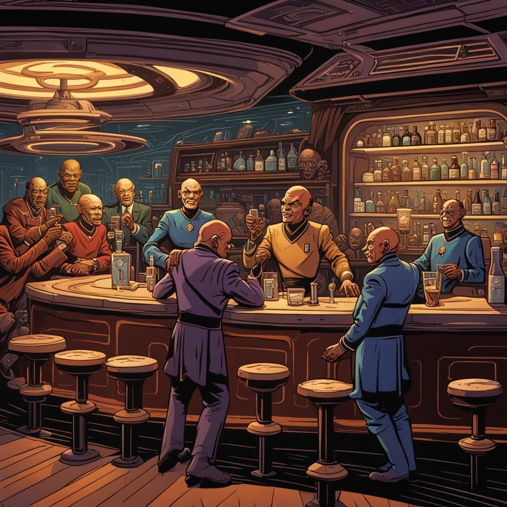 Quark Tending Bar at Deep Space 9 in Art Deco Style