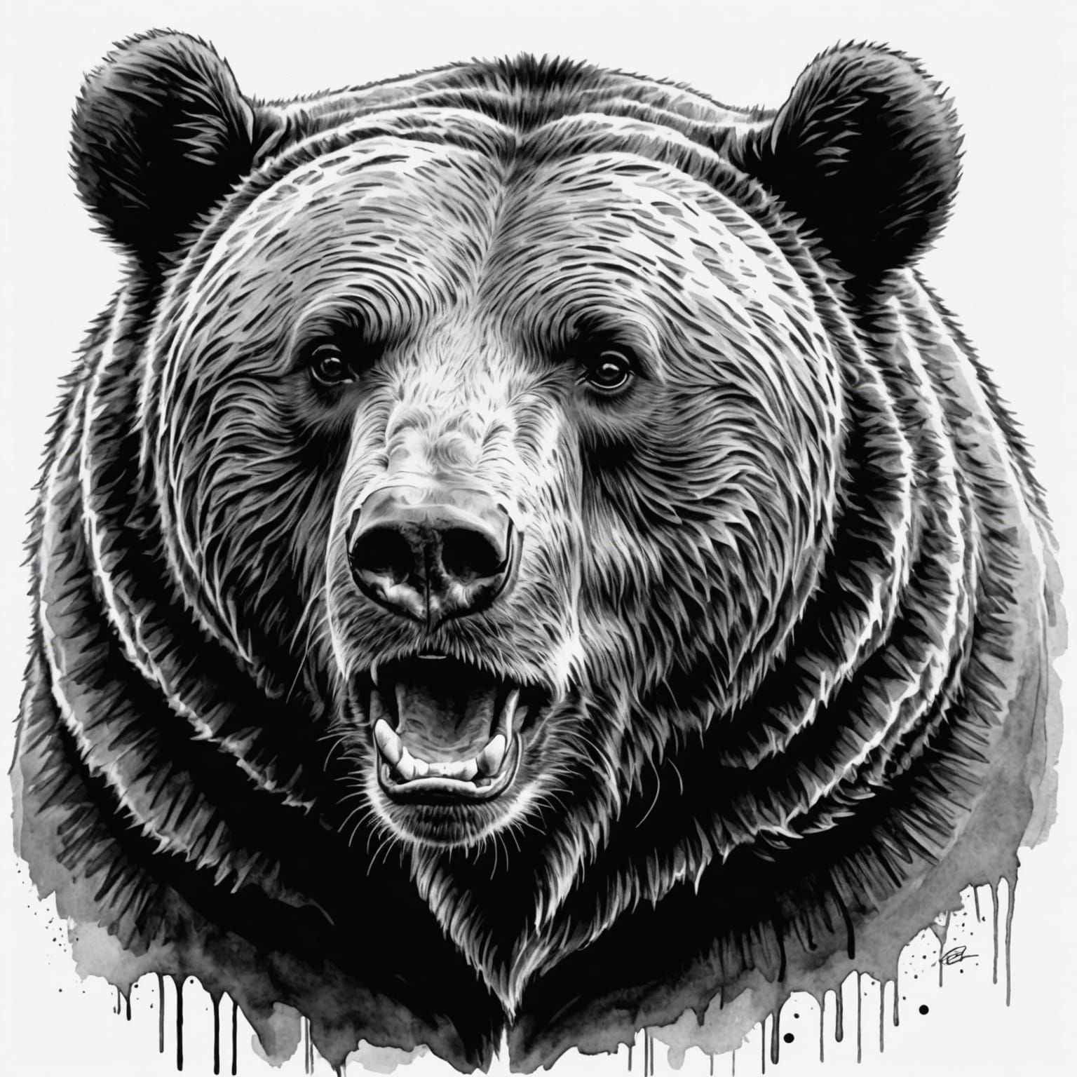 Excited Grizzly Bear: Grayscale Ink Sketch Portrait
