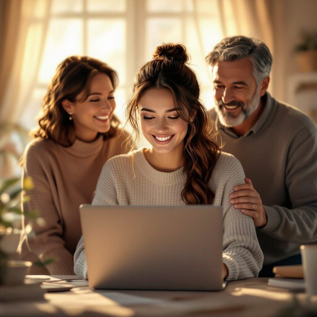 Joyful Daughter Sees Grades With Parents, Golden Hour Light