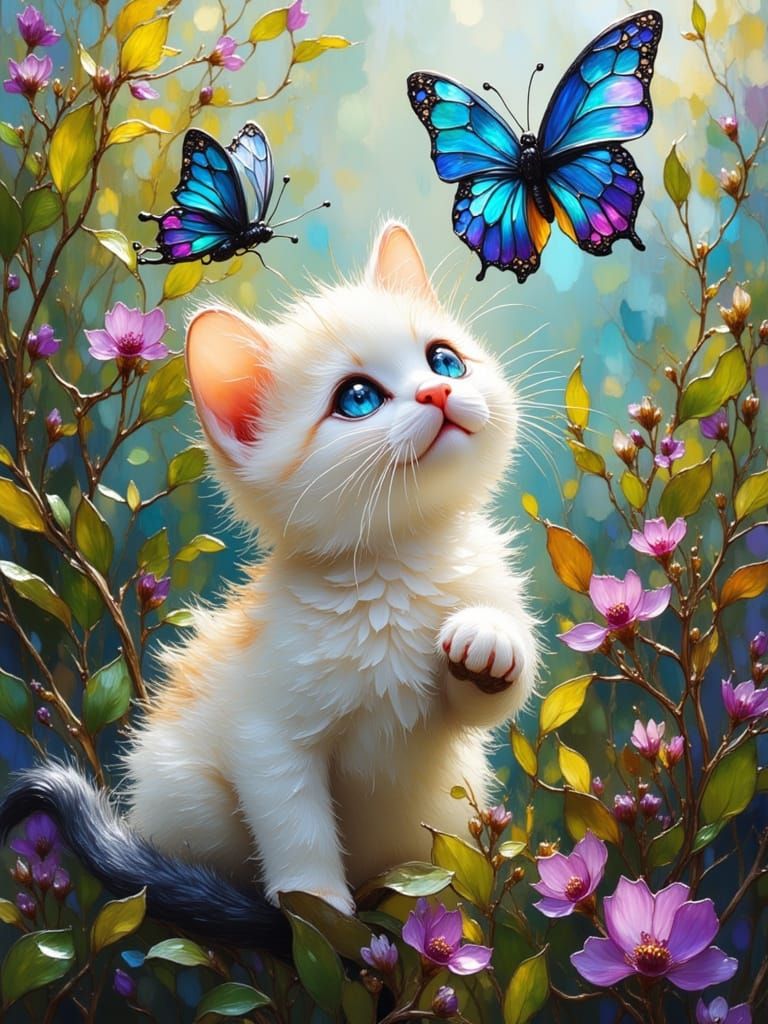 Kitten Reaching for Stained Glass Butterflies