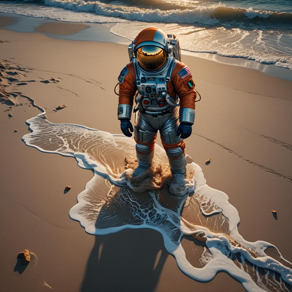 Astronaut Santa Claus on a Sunset Beach
