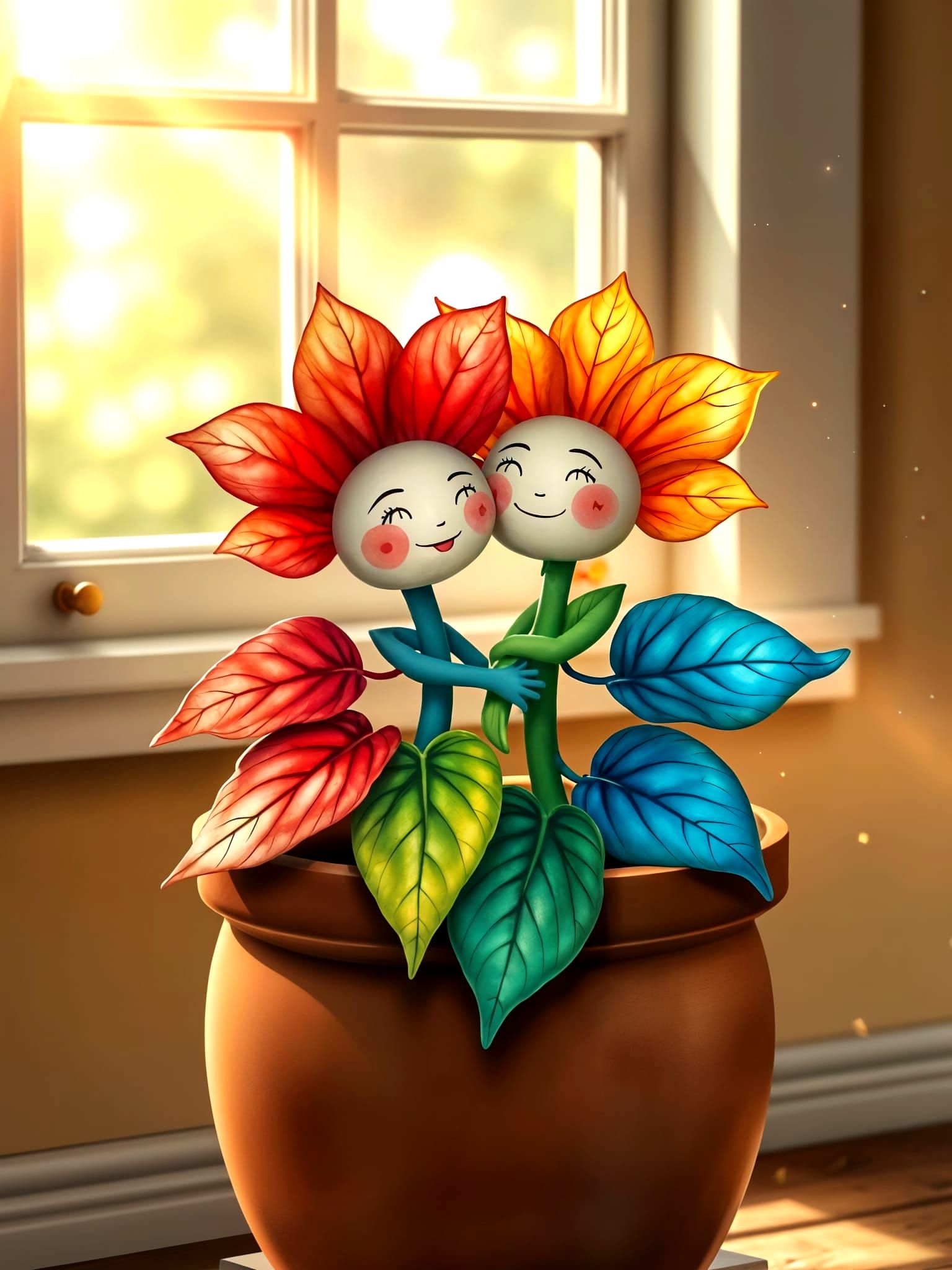 Anthropomorphic Flowers Share a Warm Hug in a Rustic Clay Po...