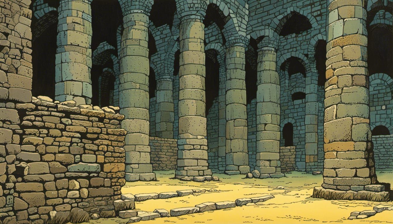 Engraved Stone Dungeon Wall in Moebius Style