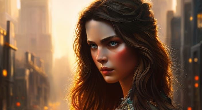 Brunette in Carnival Street, Hyperrealistic Oil Painting