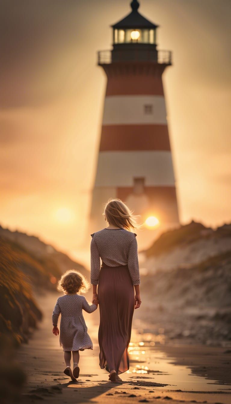 Mother and Child Walking to Lighthouse: Golden Hour Photogra...