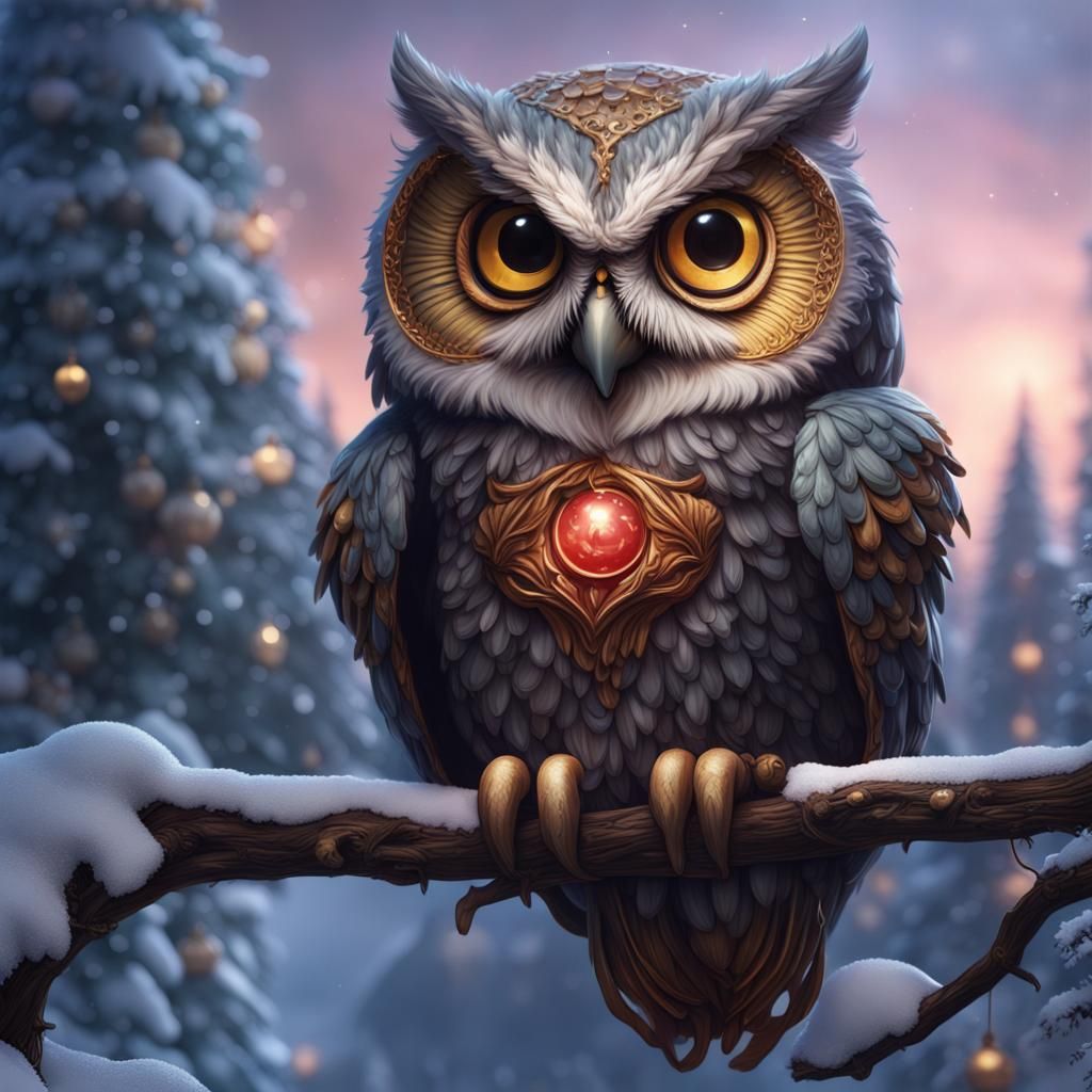 Christmas Owl Matte Painting in Detailed Fantasy Style