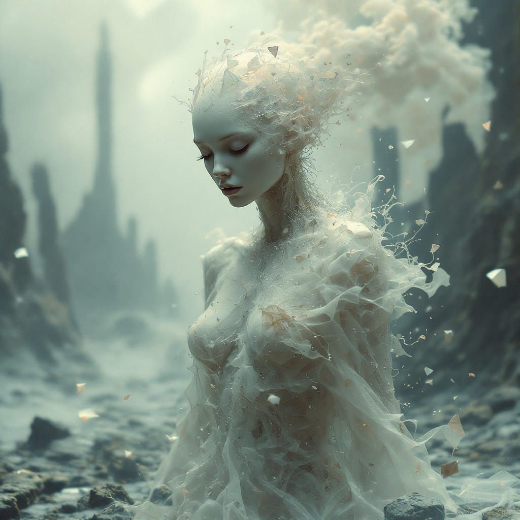 Surreal Ethereal Figure Disintegrates in Dreamy Landscape
