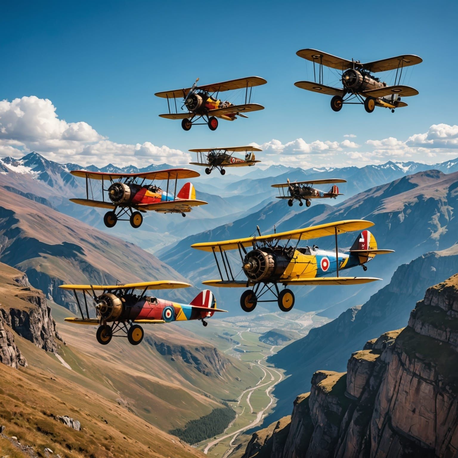 Steampunk Biplanes Flying Through Mountain Range