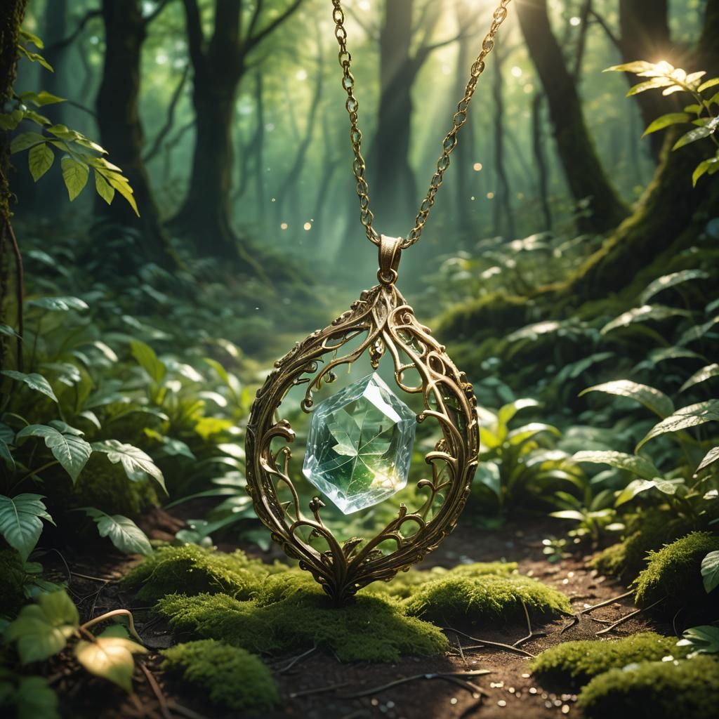 Glowing Crystal Pendant in Mystical Forest, Fantasy Art