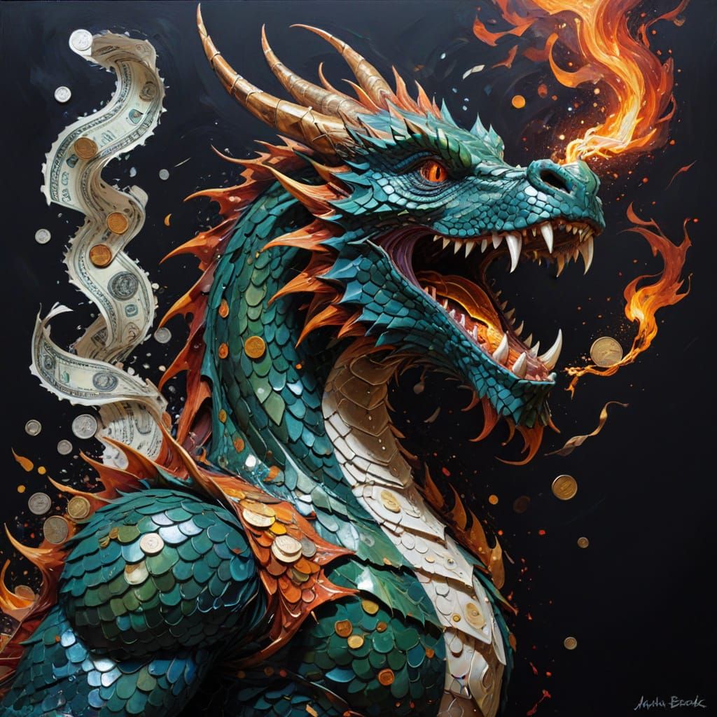 Money Dragon Oil Painting with Coin Scales