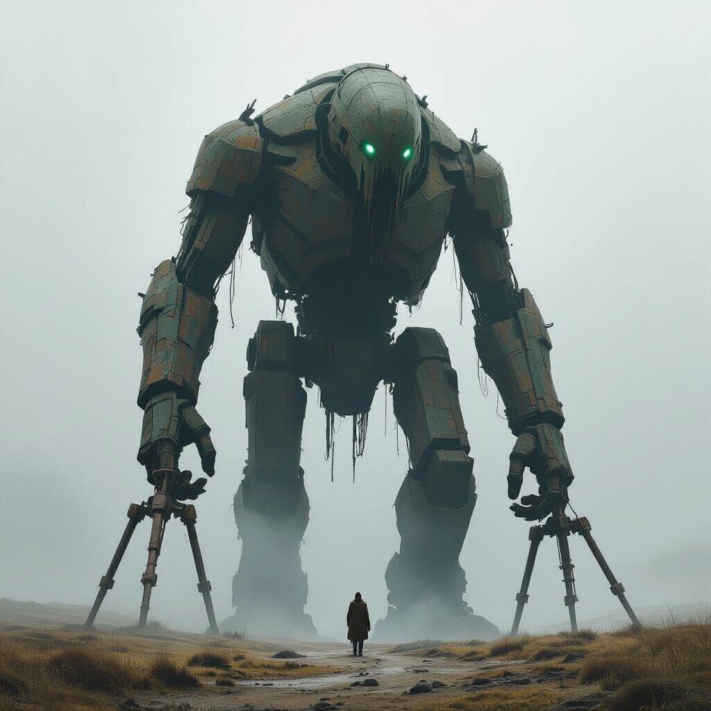 Giant Being Navigates Misty Moors with Mobility Walker