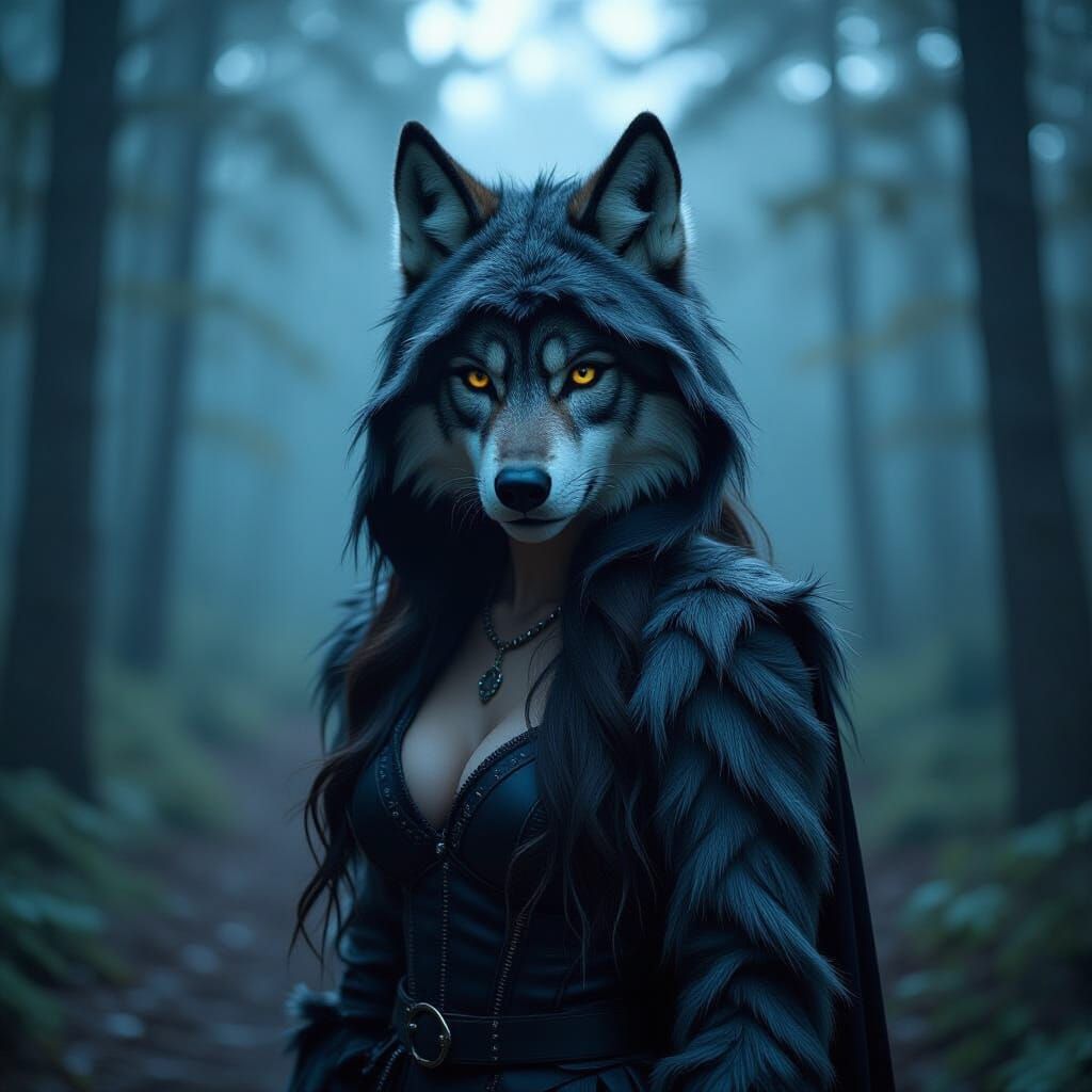 Woman in Realistic Wolf Costume in Forest