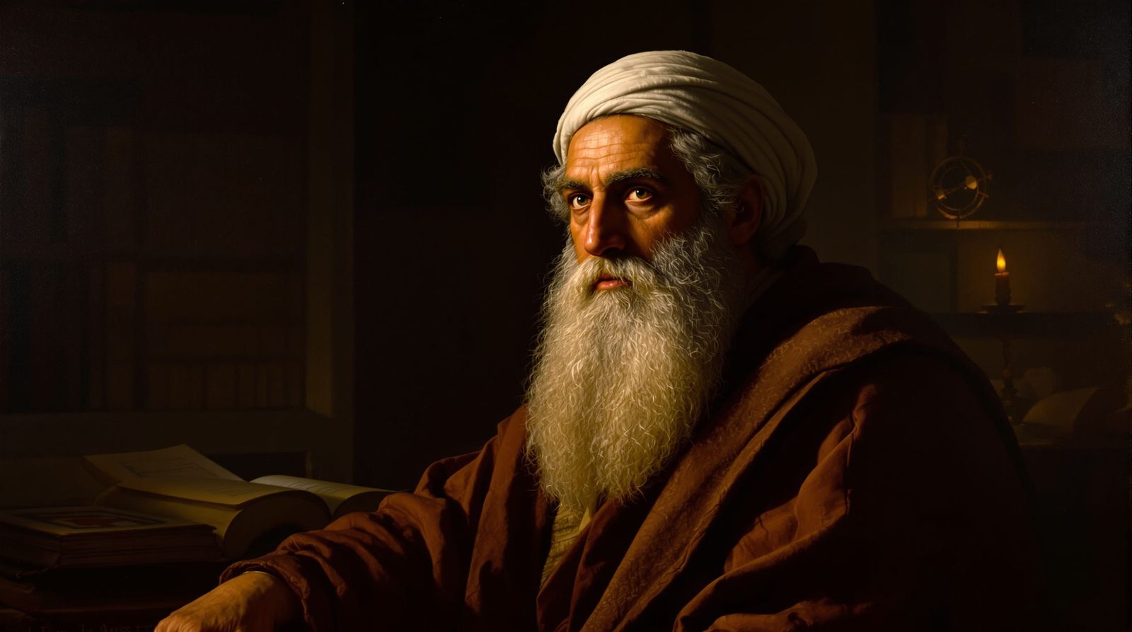 Ibn Rushd Portrait in Realistic Oil Painting Style