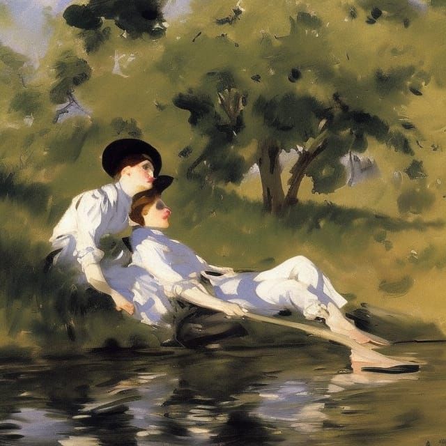 Idyllic Riverside Scene in Classical Portrait Style
