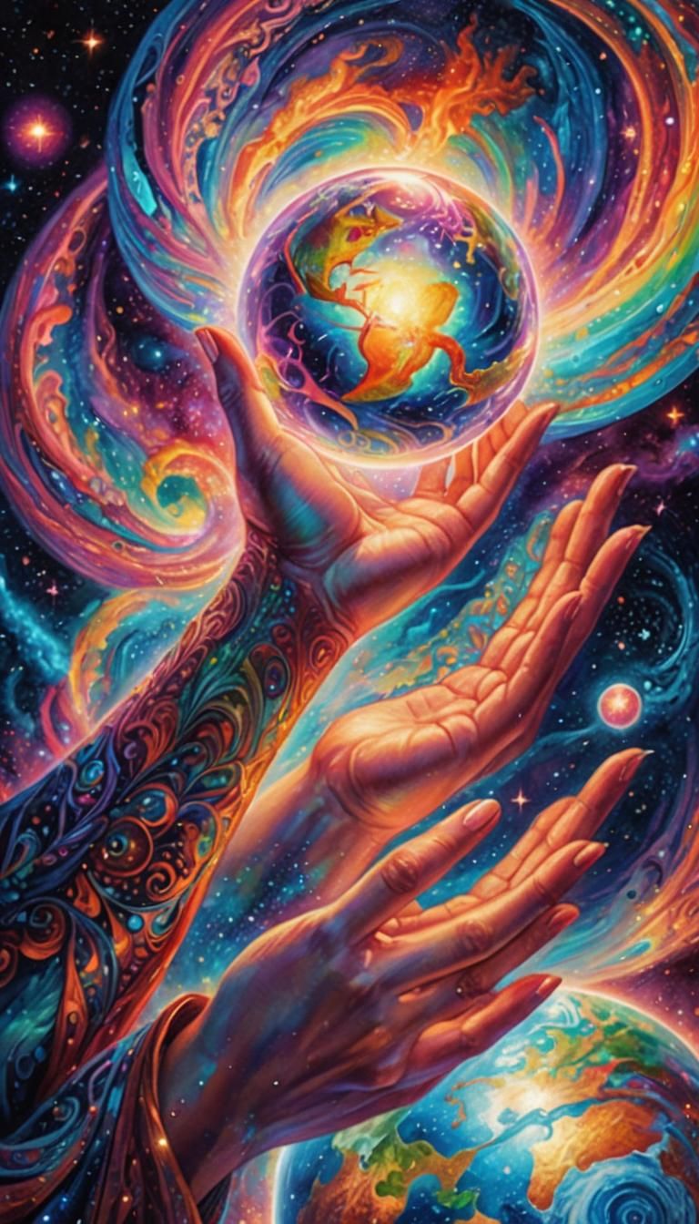 Woman's Hand Cradling Iridescent Earth in Visionary Art