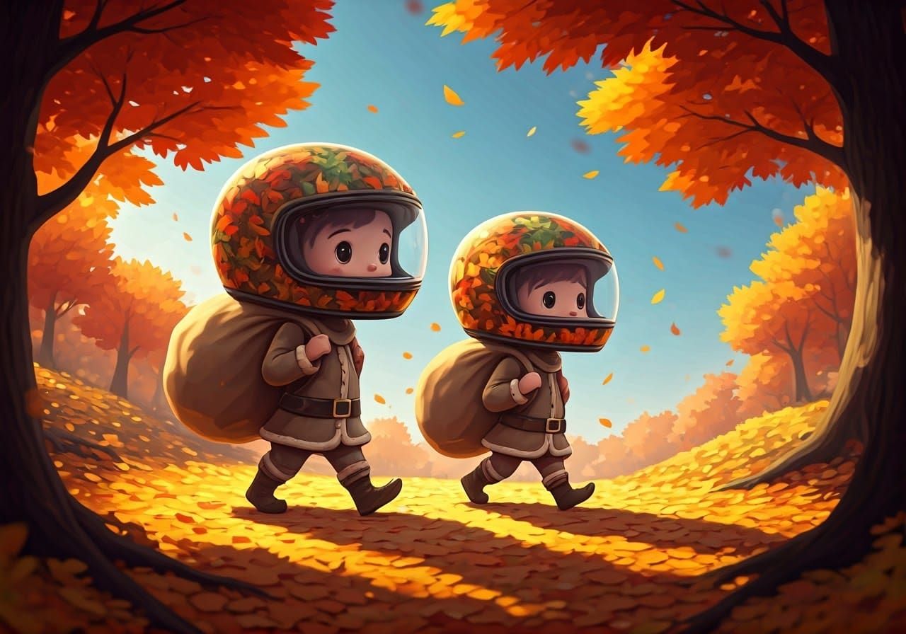 Elves in Helmets Deliver Gifts on Autumn Day
