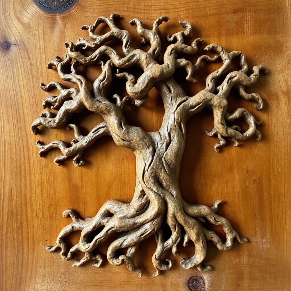 Earthly Wood Sculpture in Folk Art Style