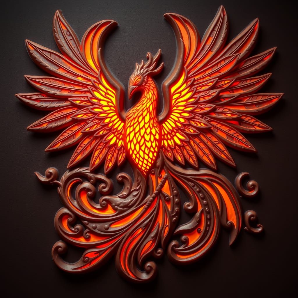 Chocolate Phoenix Sculpture with Golden Lighting