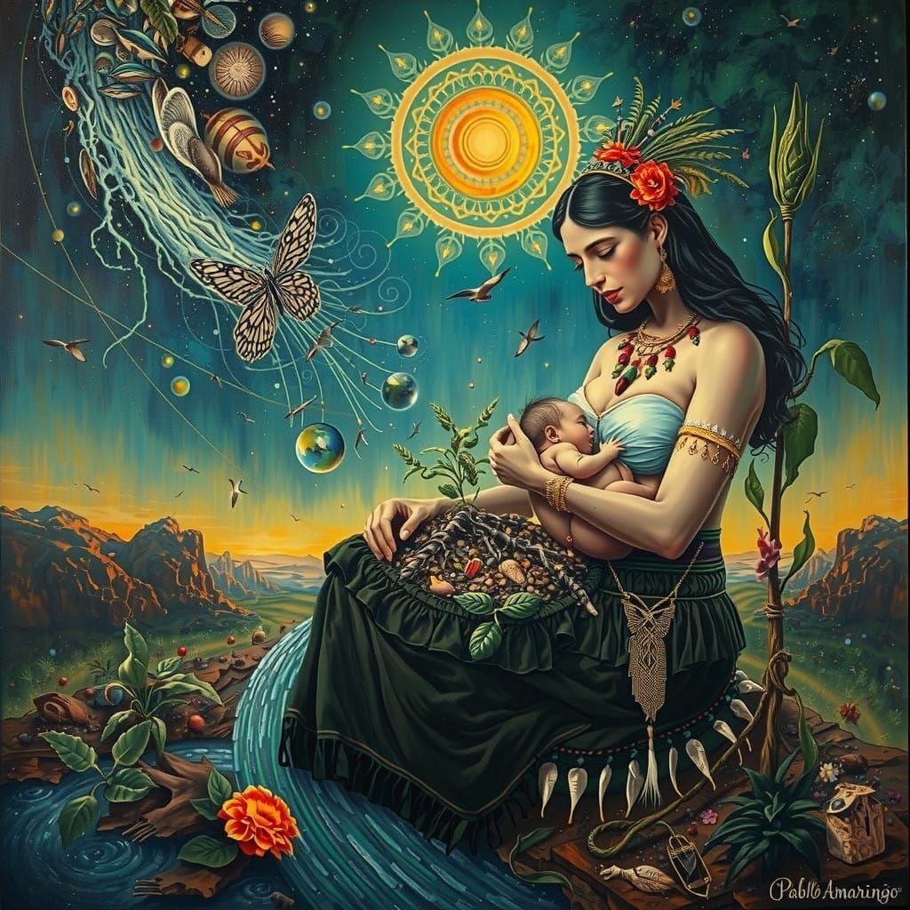 Surreal Divine Mother Nurtures Abundance in Cosmic Landscape