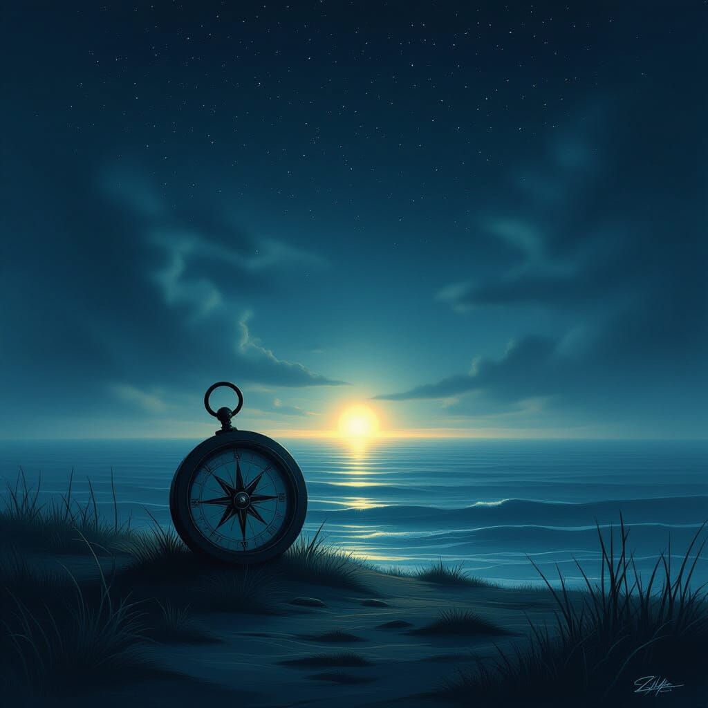 Solitary Compass Guides Towards Ethereal Horizon Glow