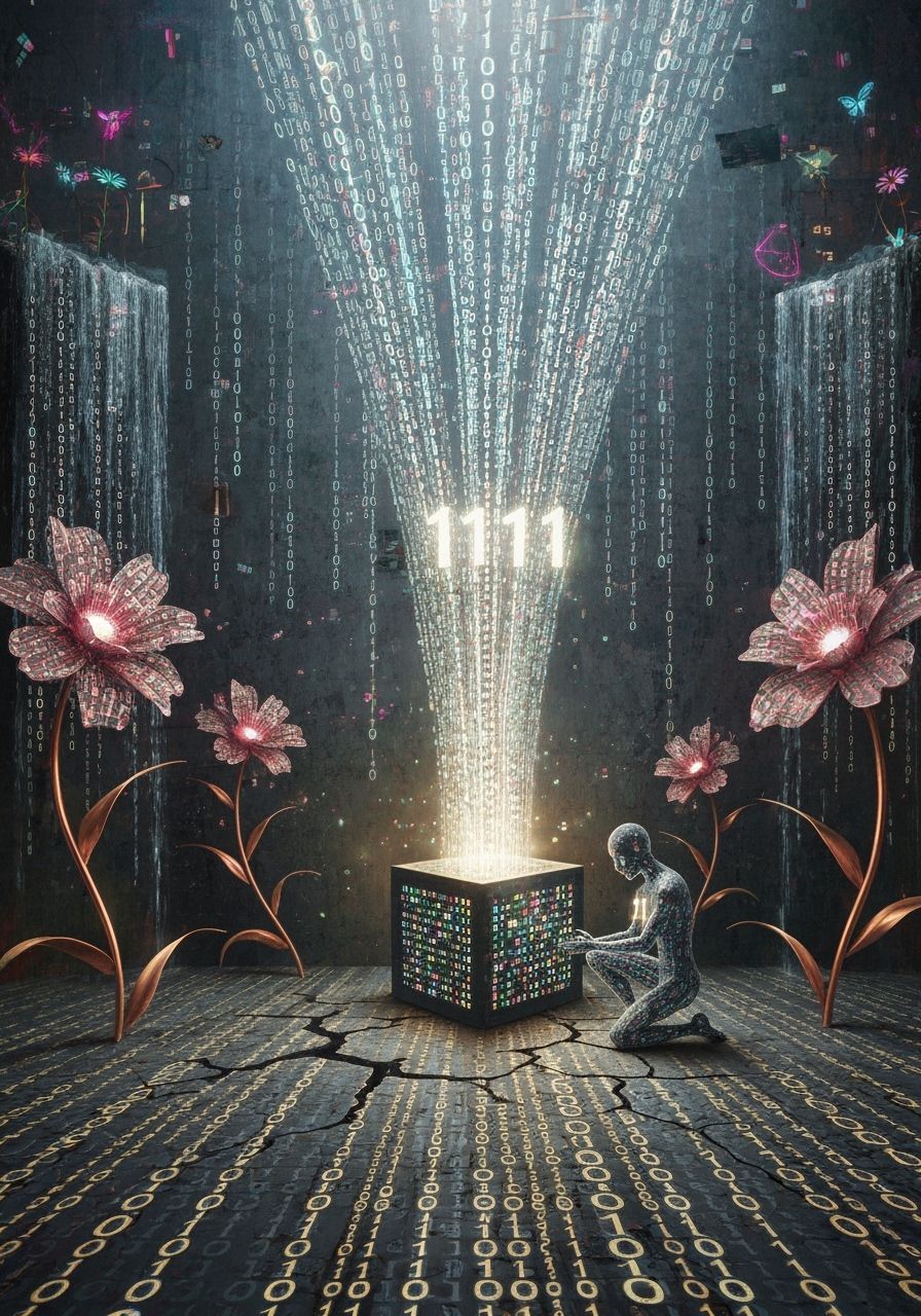 Surreal Sanctuary of Code: Glowing Cube and Binary Waterfall...