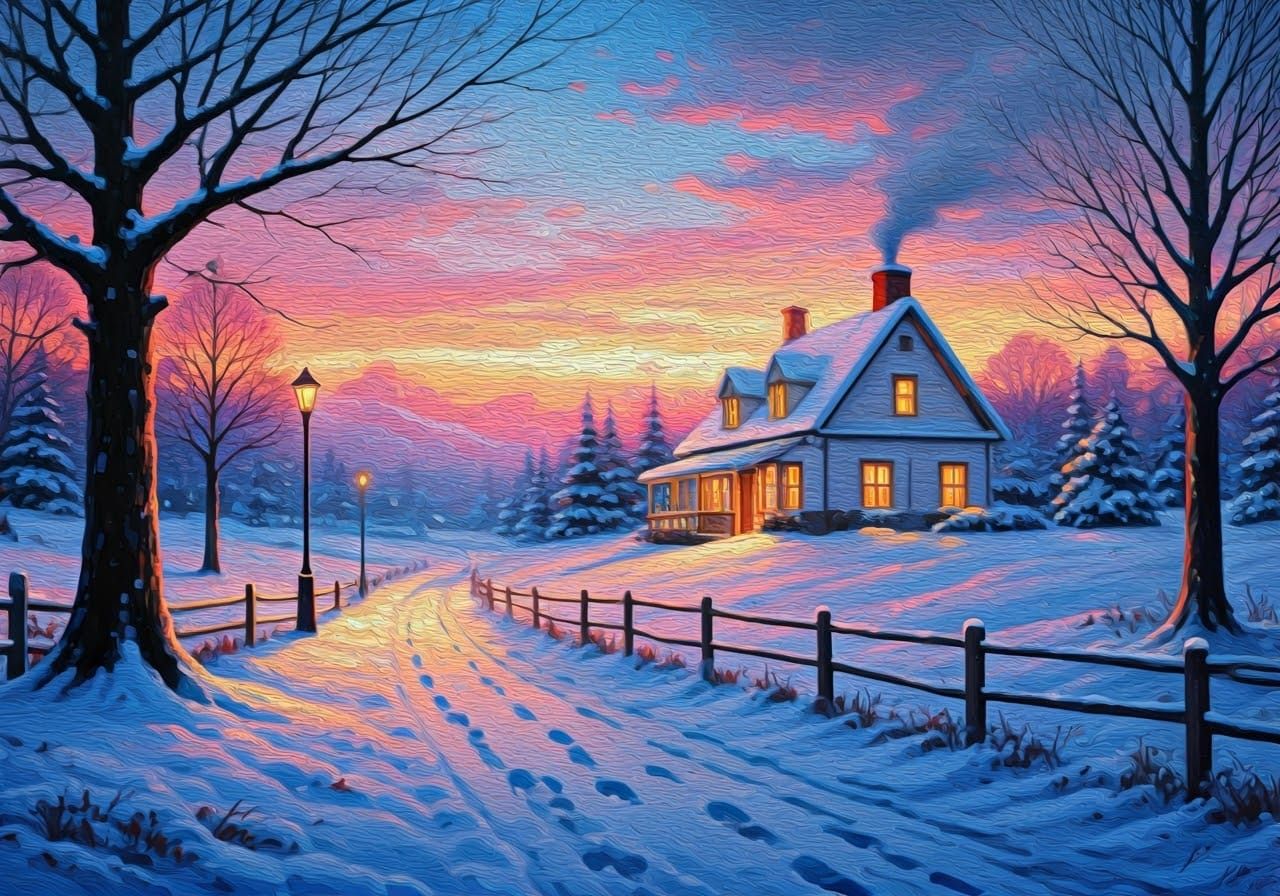 Snowy Village at Sunset