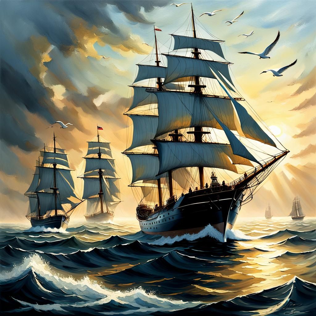 Majestic Ship Sails in Realistic Marine Oil Painting