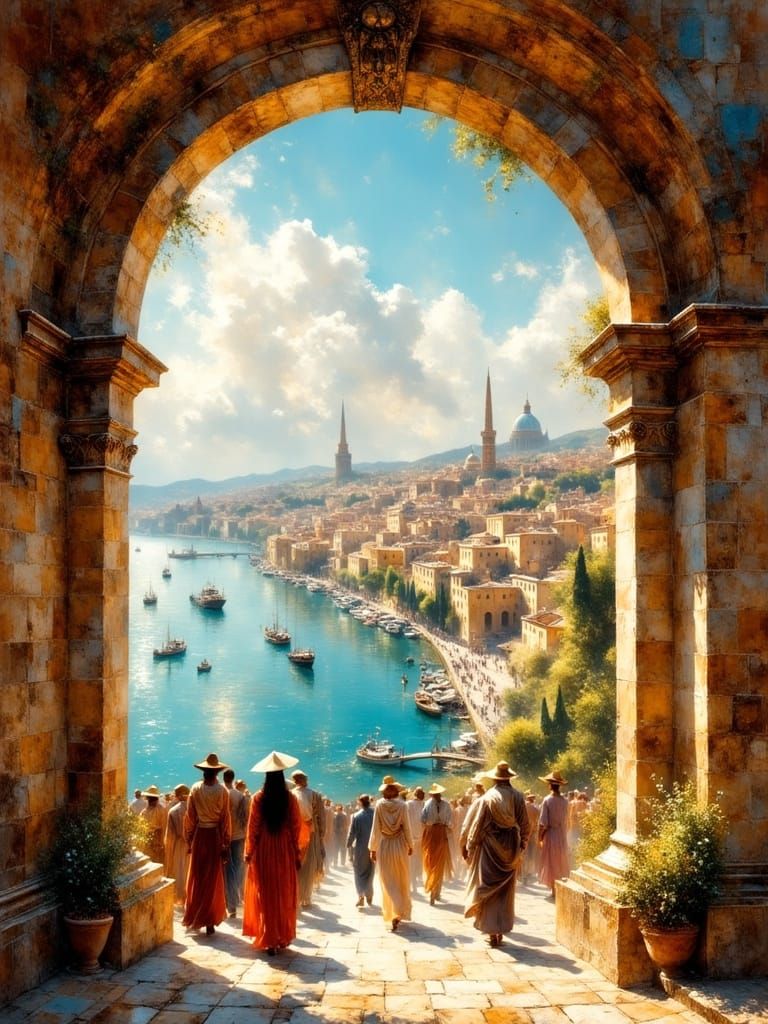 Exotic Port City with Ships and Diverse People