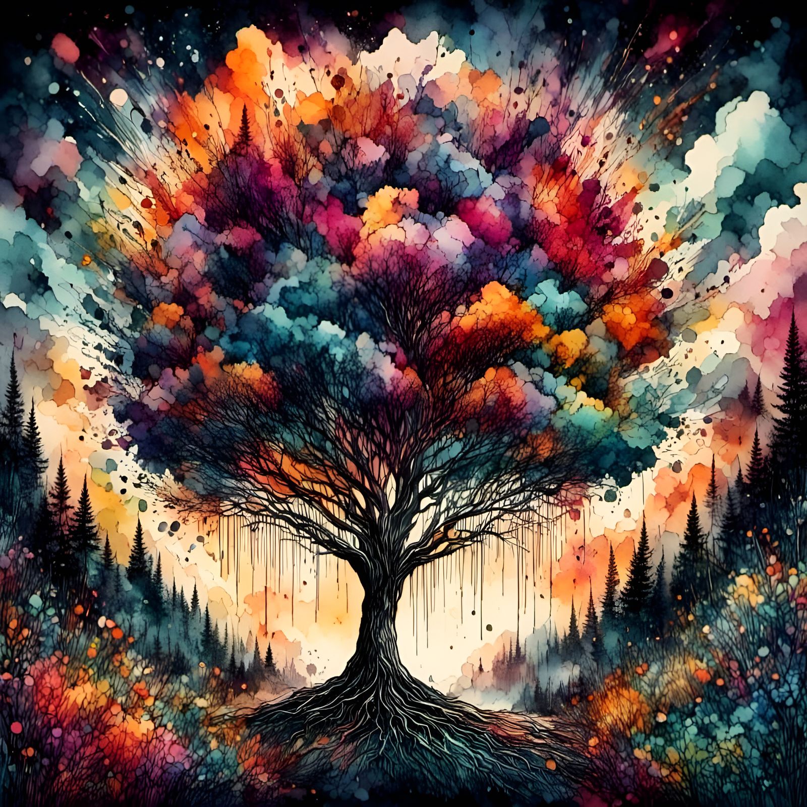 Glitched Forest Landscape in Digital Watercolor Style