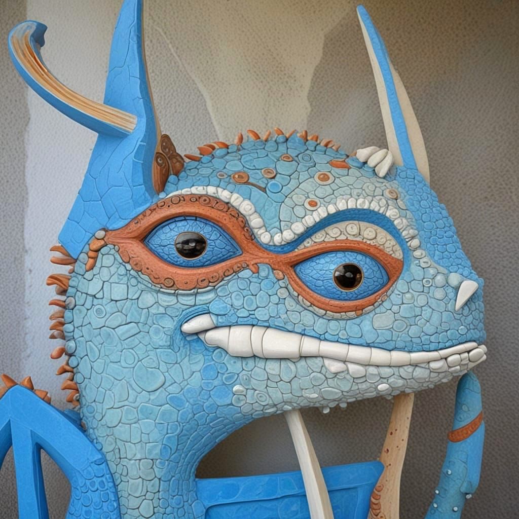 Abstract Blue Creature in White Stucco Sculpture