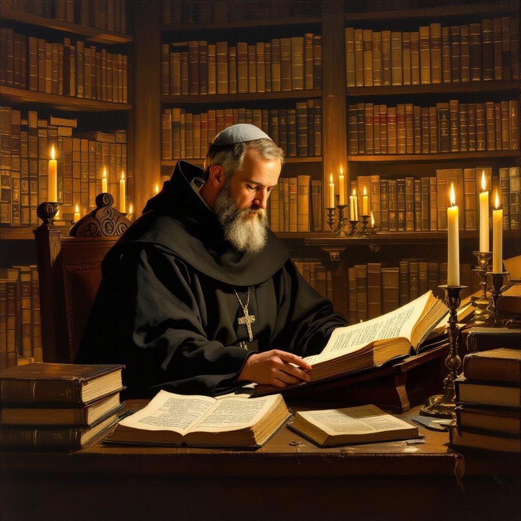 Contemplative Monk in Candlelit Library