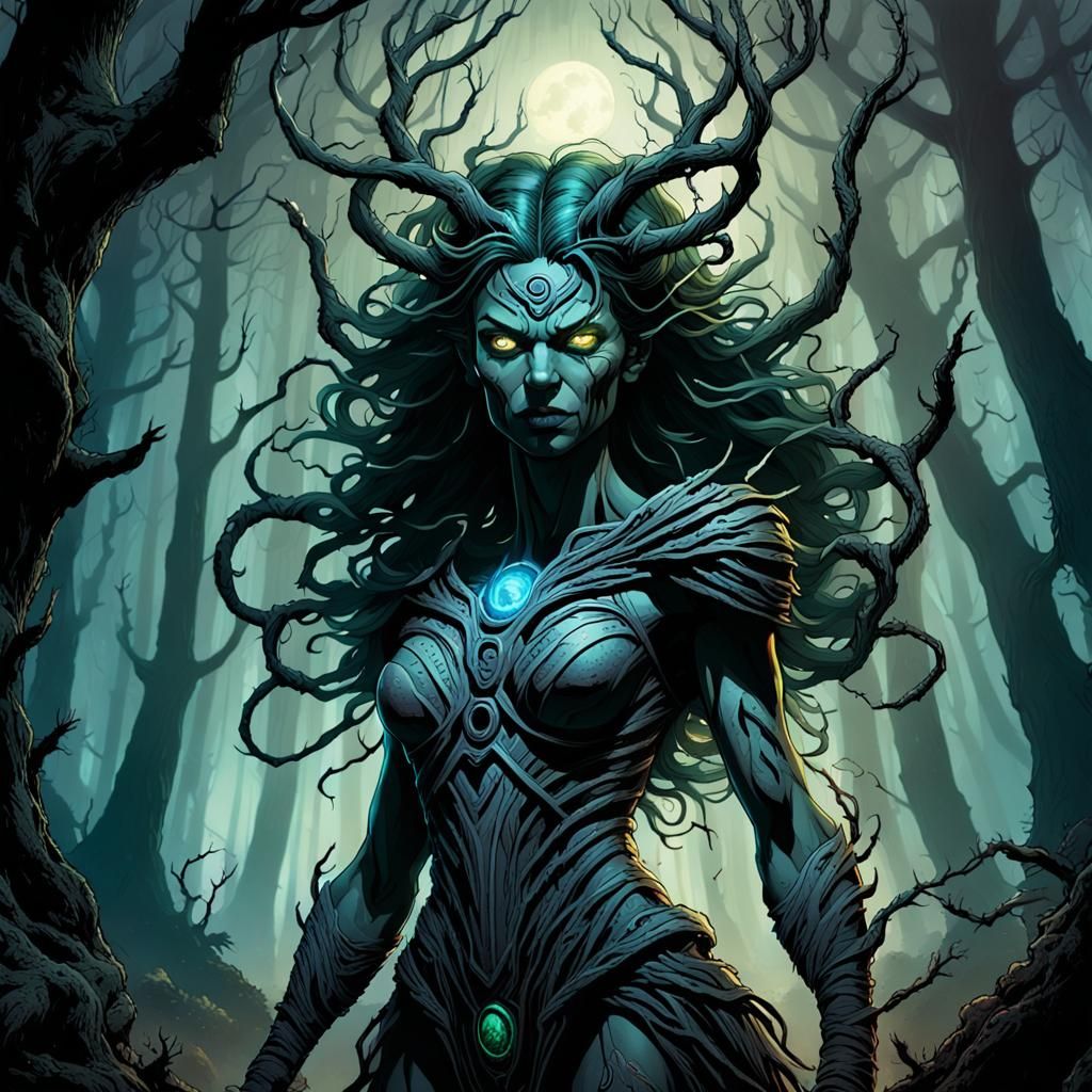 Nightmarish Dark Fantasy Goddess Artemis in Eerie Forest