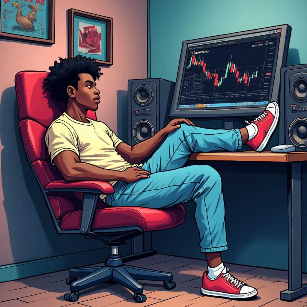 Cartoon Man Relaxing with Forex Charts in Anime Style
