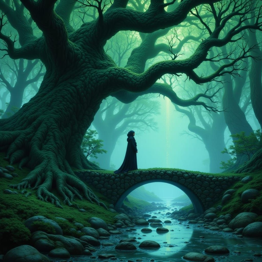 Mystical Forest with Glowing Moss and Ethereal Figure