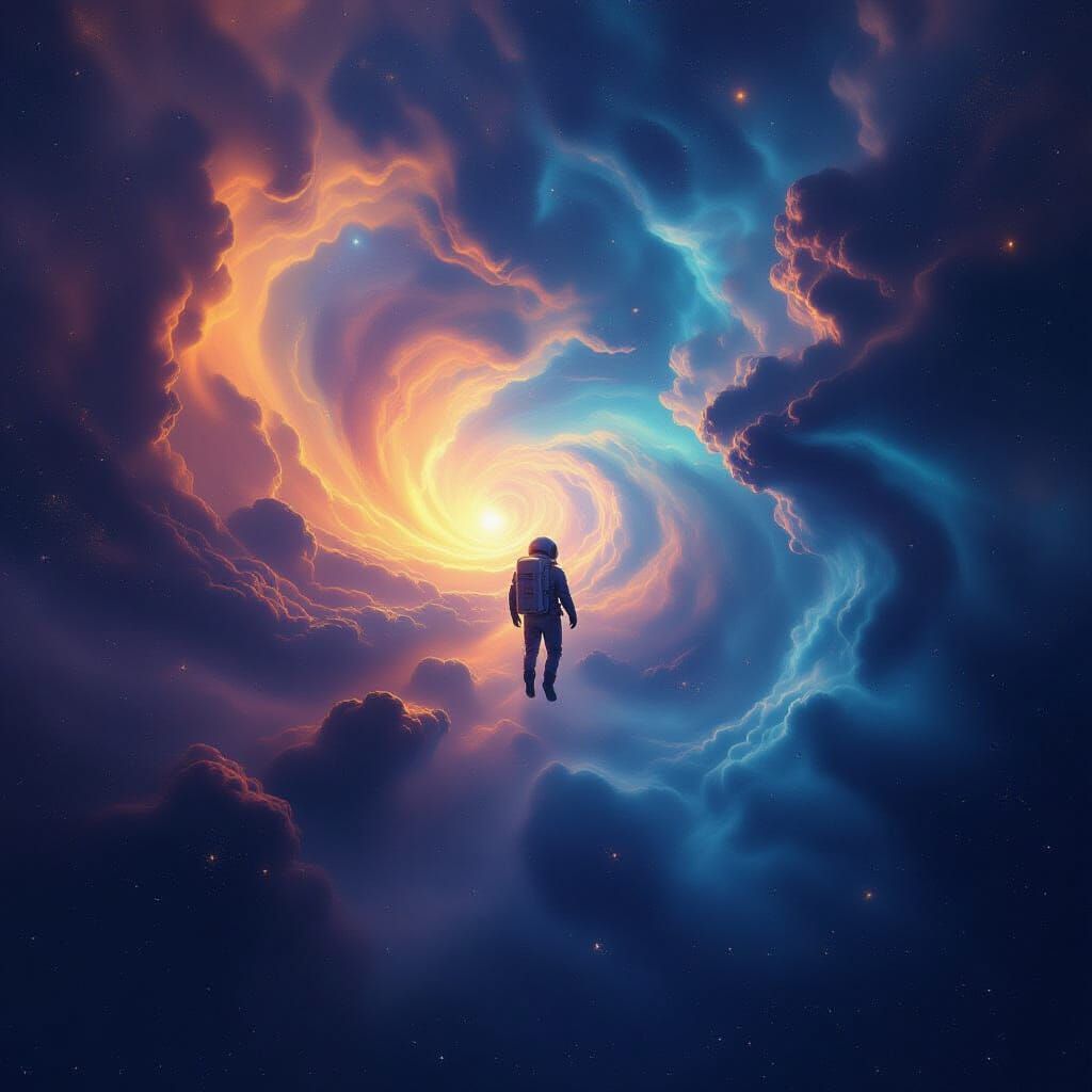 Astronaut Adrift in Cosmic Ocean Under Binary Stars