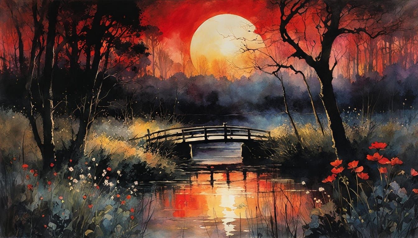 Eclipse Over Swampy River, Color Print Art