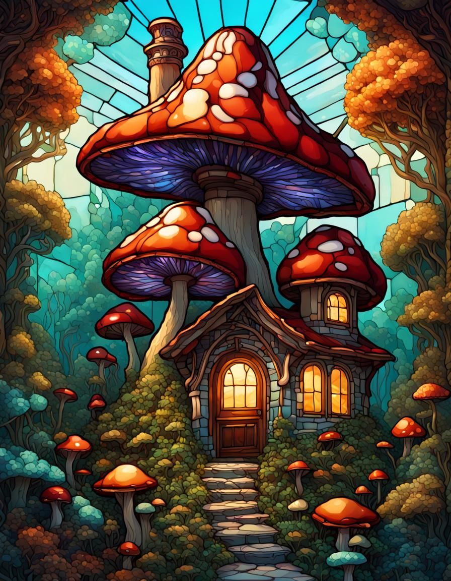 Stunning Stained Glass Mushroom House in Vibrant Colors
