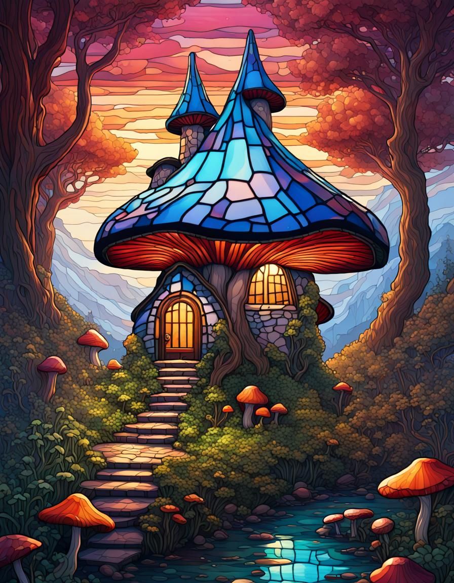 Stained Glass Mushroom House Digital Art
