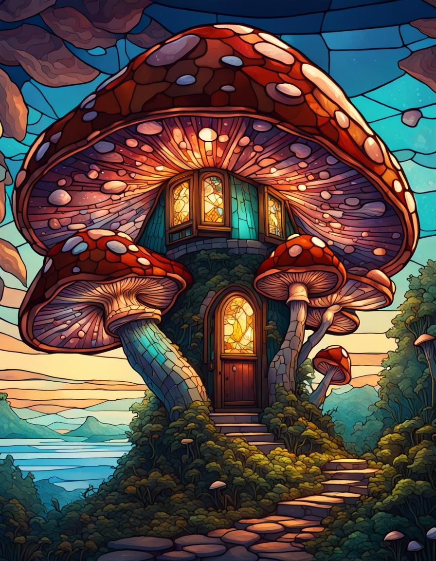 Stained Glass Mushroom House in Digital Landscape Art