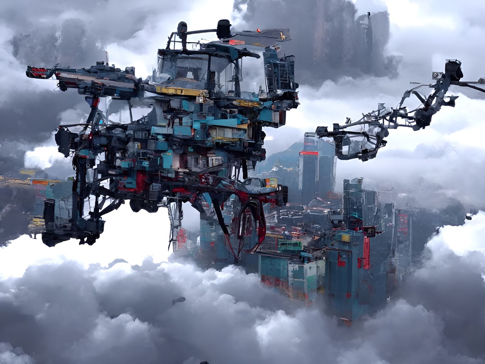 Futuristic Mech Pierces Clouds Above City